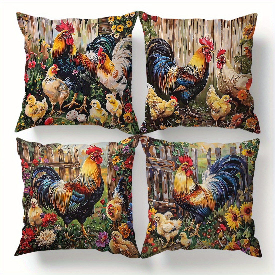 

4-pack Rooster Oil Painting Design Decorative Pillow Covers, 18x18 Inches, Peach Skin Velvet, Contemporary Style, Single-sided Print, Cushion Covers For Home Sofa Decor