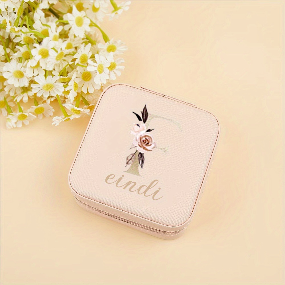 

[ Customized ] 1pc Customizable Compact Jewelry Box With Floral Design, Personalized Bridesmaid Gift, Maid Of Keepsake, Women's Travel Jewelry Organizer Case With Name Option