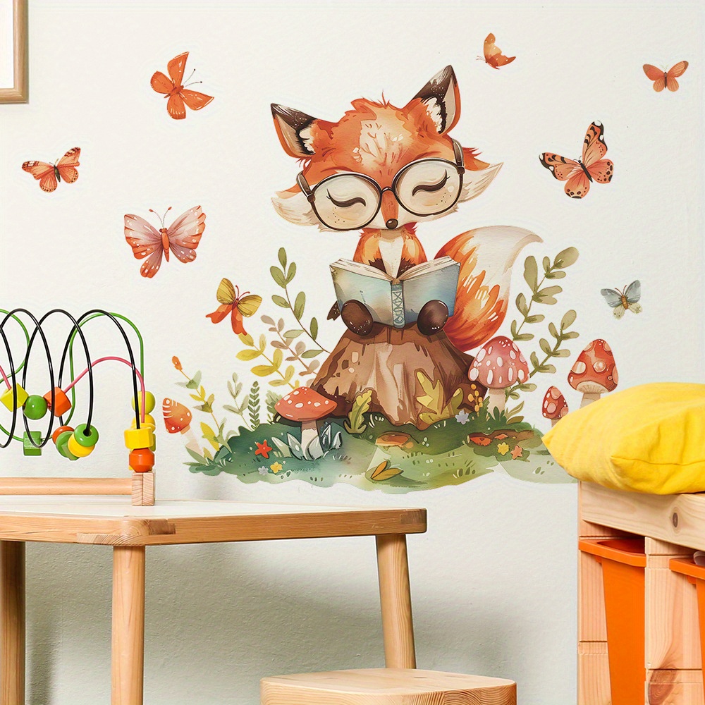 

Fox & Butterflies Reading Books Wall Decal - Removable Pvc Sticker For Playroom, Bedroom, Classroom & Library Decor