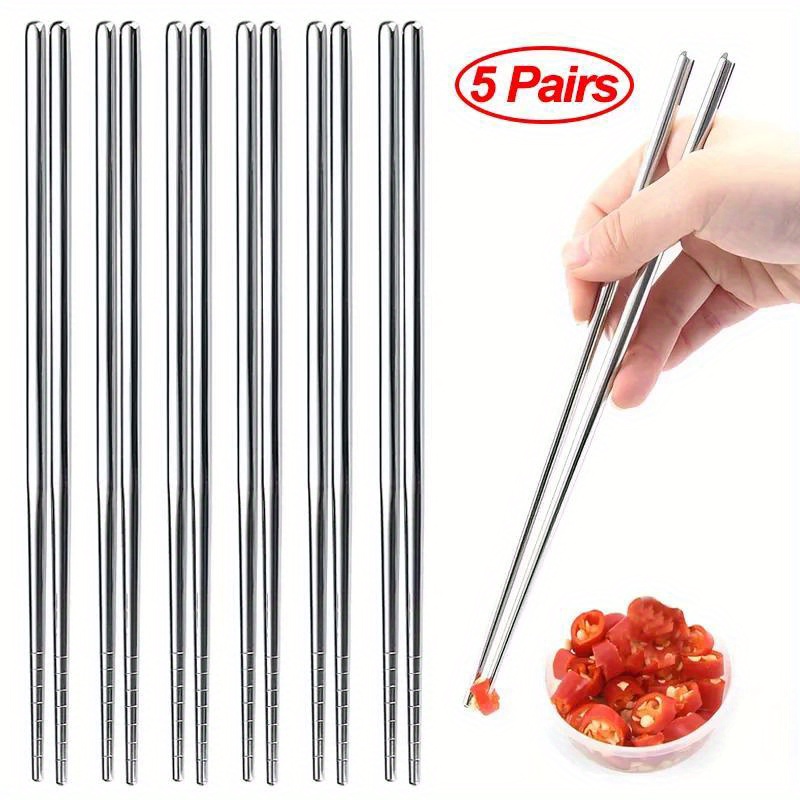 

5 Pairs Stainless Steel Chopsticks - Non-slip, Reusable Metal Korean/japanese Sushi Sticks For Kitchen & Dining