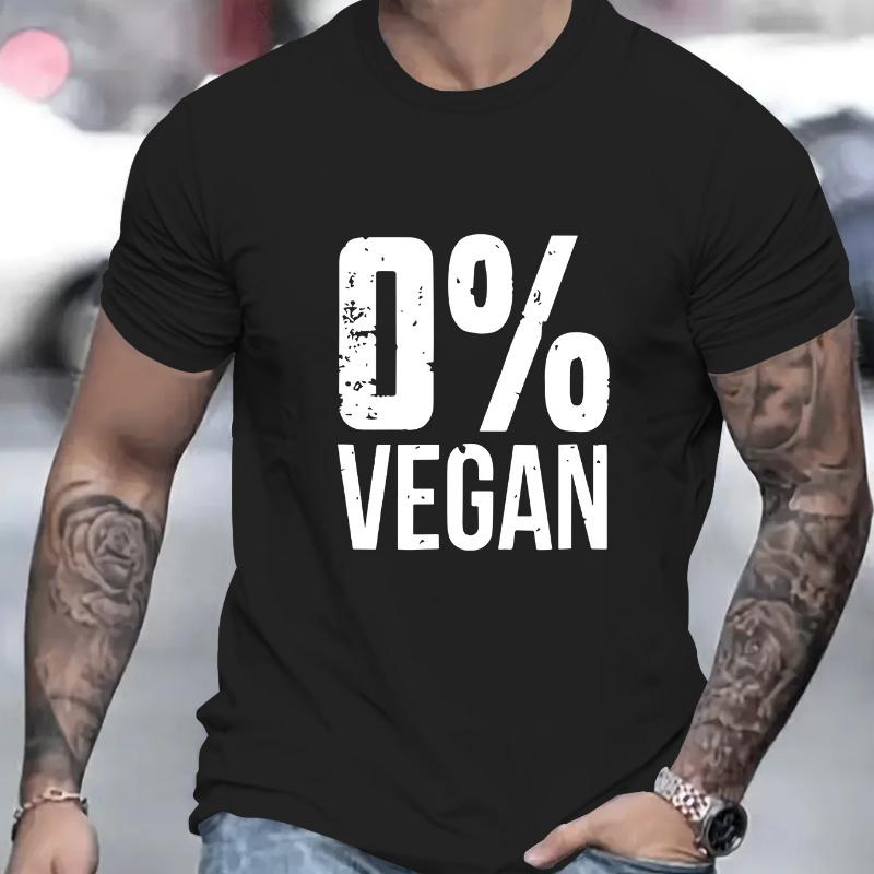 

0% Vegan Print, Men's Round Crew Neck Short Sleeve, Simple Style Tee Fashion Regular Fit T-shirt, Casual Comfy Breathable Top For Spring Summer Holiday Leisure Vacation Men's Clothing As Gift