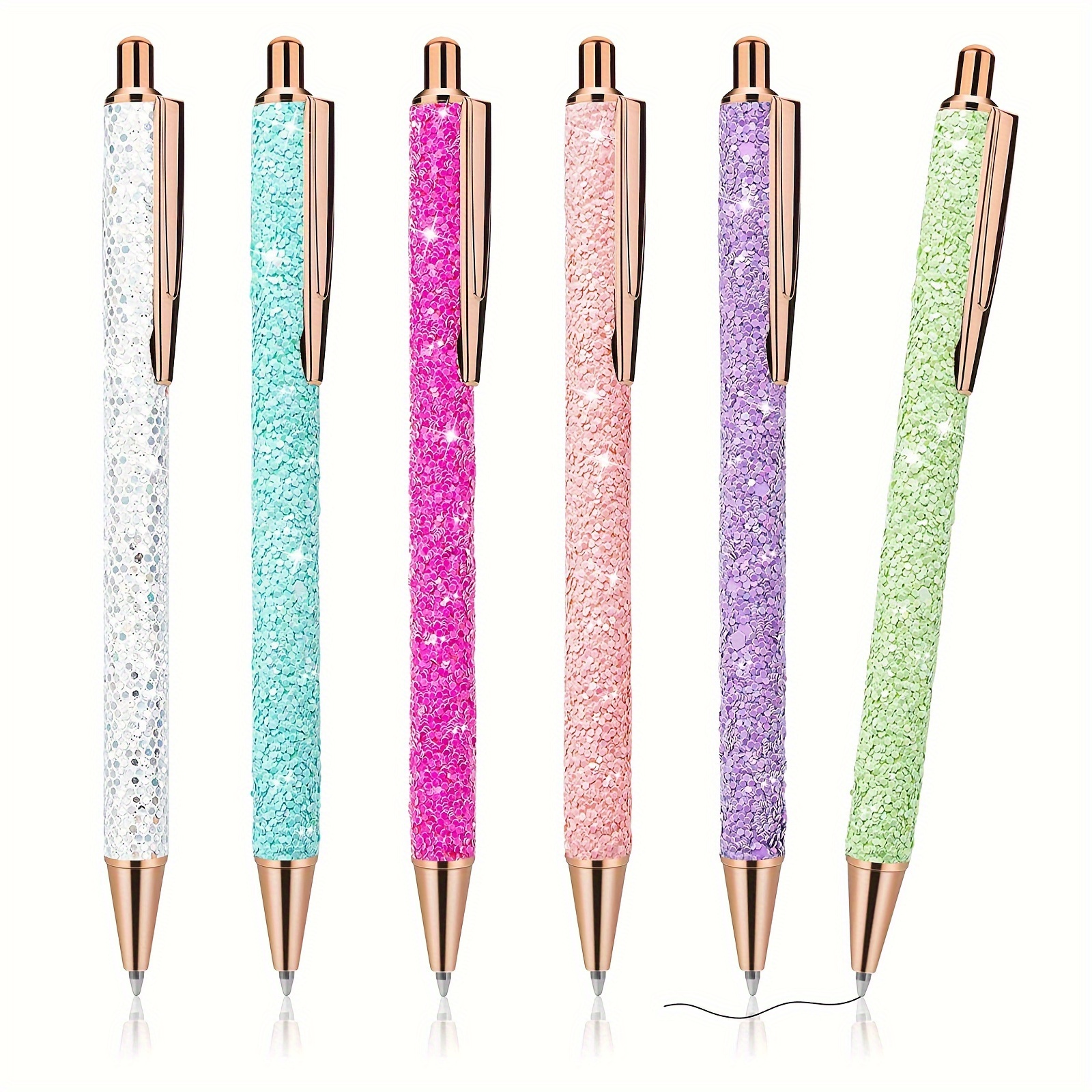 

6pcs Bling Sparkly Metal Pens, Retractable Ballpoint Pens Cute Glitter 1.0mm Black Ink Fine Point Gift Pens Writing Journaling Pens