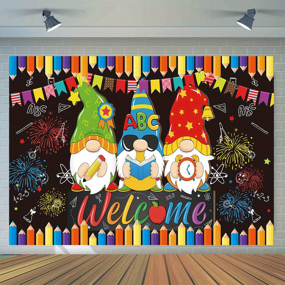 

1pc, Welcome Back To School Photography Backdrop, Vinyl, Colorful Pen Gnome Background Classroom Party Banner, First Day Of School Party Decorations Photo Booth Props