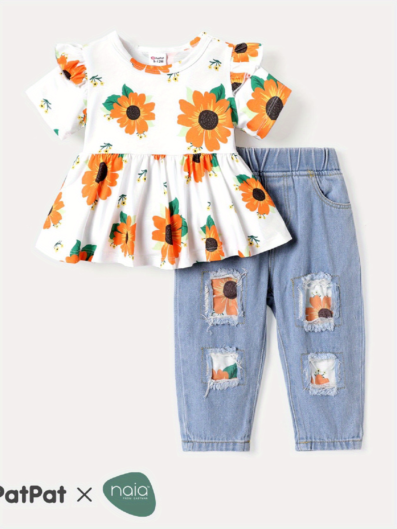 2pcs Toddler Girl Polka dots Cold Shoulder Long-sleeve Blouse and Ripped Denim Jeans Shorts Set