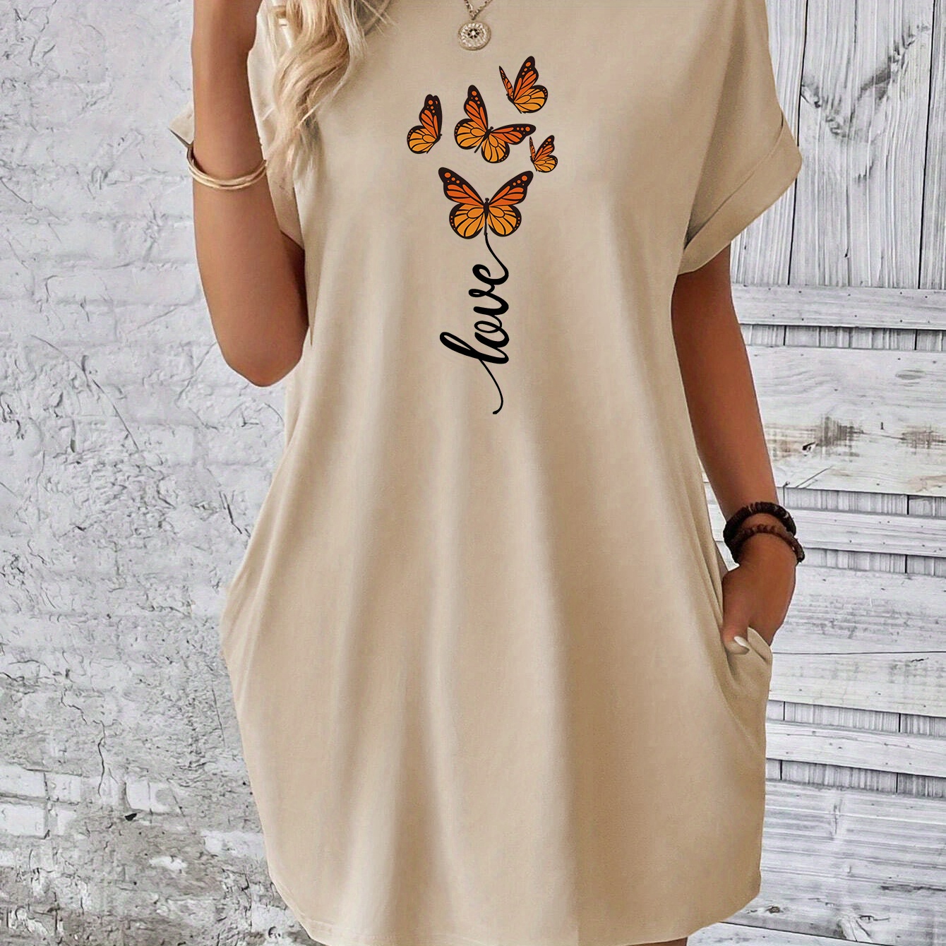 

Butterfly Print Pockets Crew Neck Dress, Casual Short Sleeve Dress For Spring & Summer, Women's Clothing