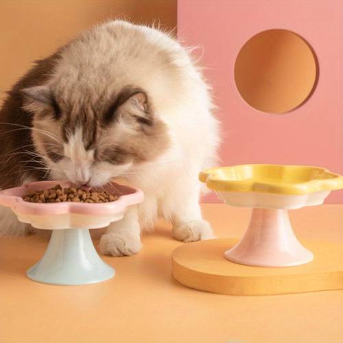 Charming Flower-Shaped Ceramic Cat Bowl - Anti-Tip, Multi-Use for Food & Water, Perfect for Cats Cat Food Bowl Elevated Cat Bowl