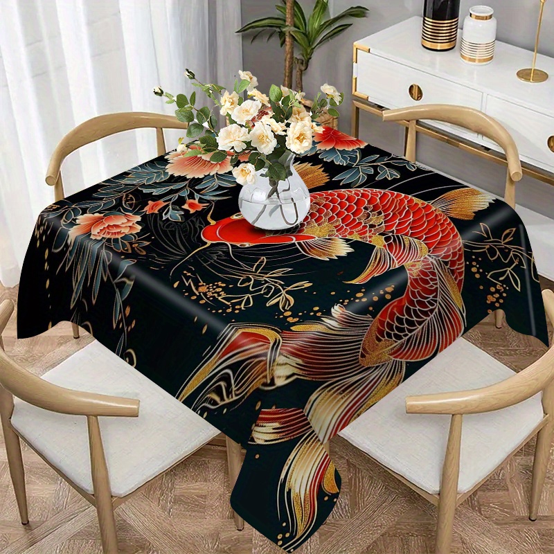 

1pc, Creative Design, Golden Koi Theme Printed Tablecloth, Anti-fouling, Washable, Holiday Table Decoration, Suitable For Home Kitchen, Catering, Picnic, Holiday Decoration