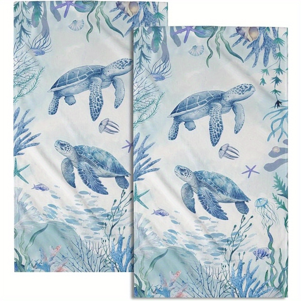 

Set Of 2 Sea Turtle Hand Towels - Super Absorbent, Machine Washable, Soft Decorative Polyester Dish Towels For Bathroom, Kitchen, Hotel, Spa - Cartoon Ocean Animal Theme, Contemporary Style