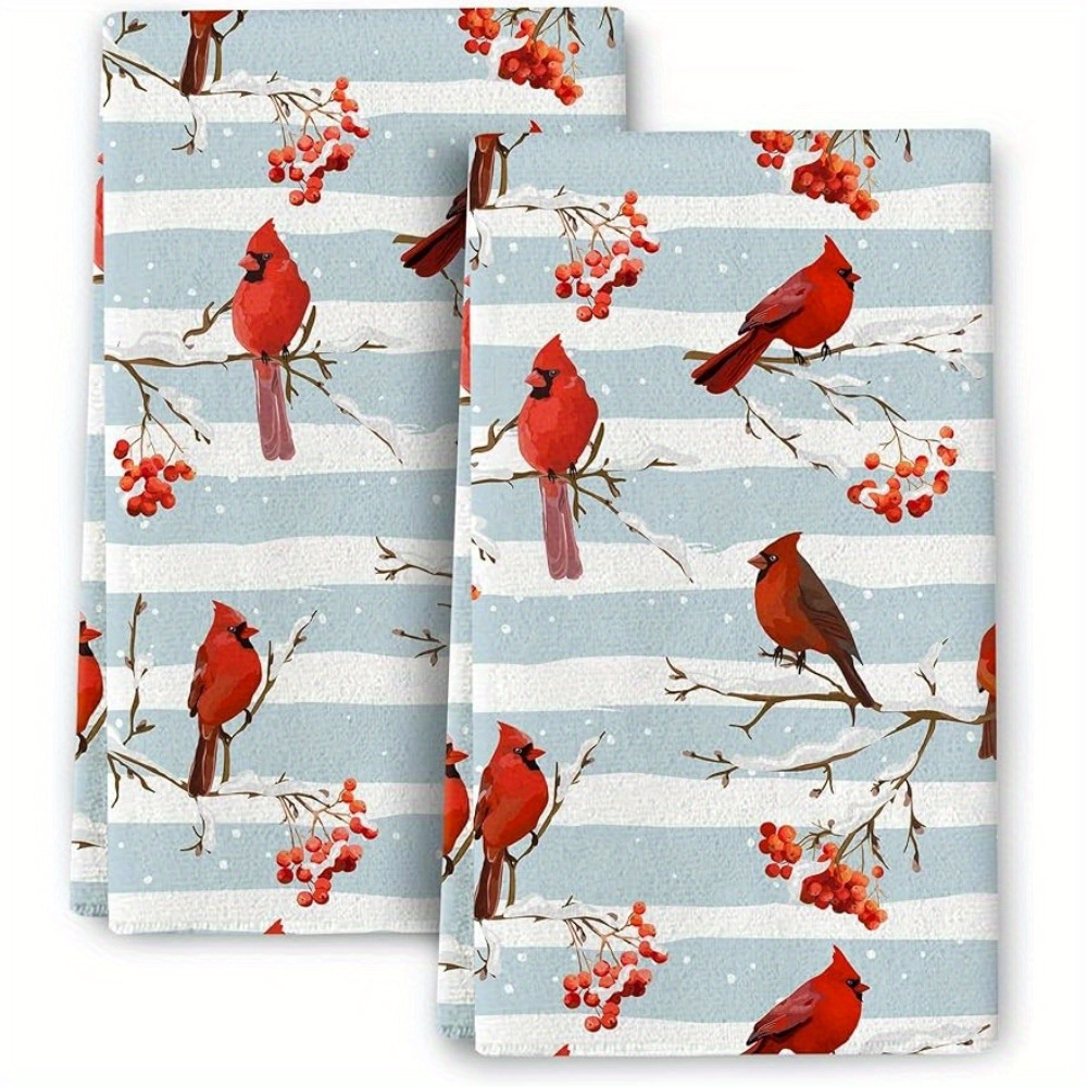 

1/2pcs, Winter Birds Christmas Kitchen Hand Towels, Decorative Contemporary Polyester, Soft & Absorbent, Tea Towel Set For Home Bar, Festive Holiday Decor Gift