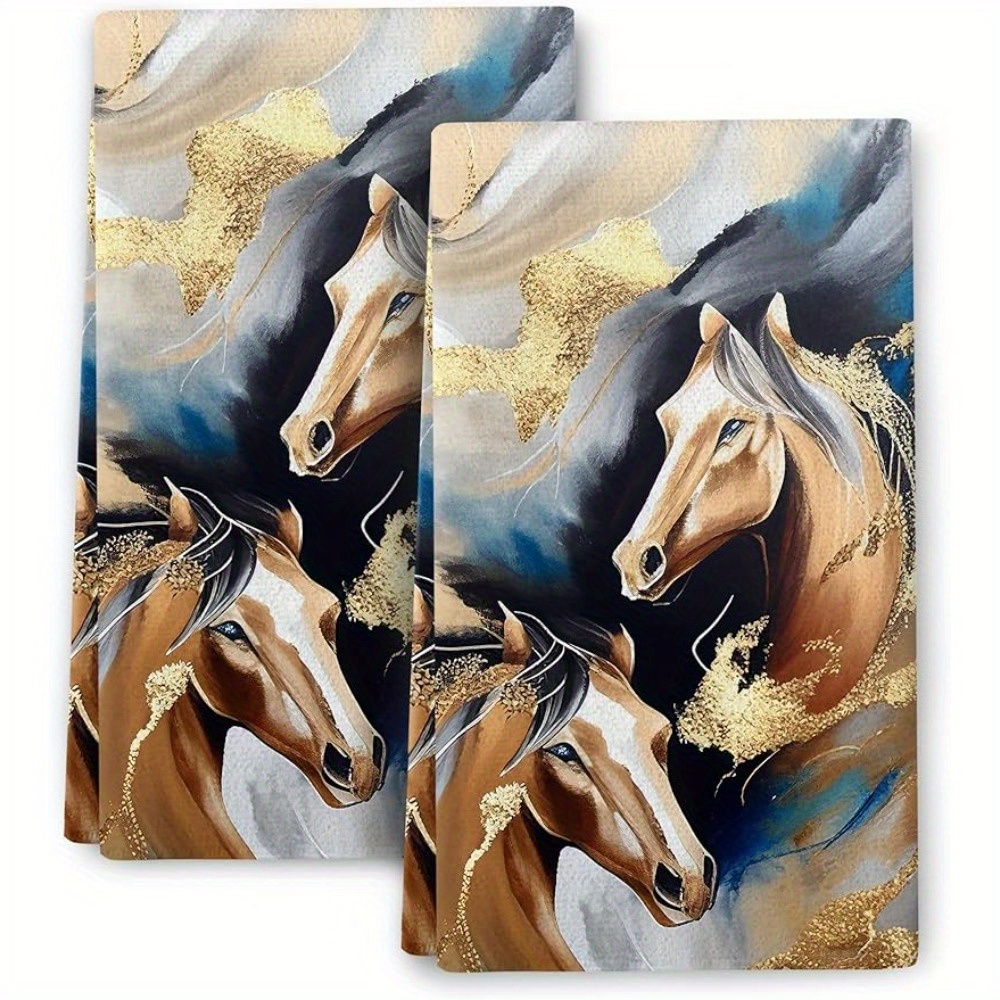 

+1/2pcs Horses Kitchen Dish Towels Decorative Set Of 2, Soft Absorbent Abstract Modern Hand Towels Golden Tea Towels Gifts For Kitchen Farmhouse Holiday Home Decor 18x26 Inch