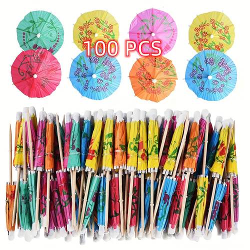 100-Pack Wood Cocktail Picks with Assorted Tropical Colors Umbrella Design - Ideal for Summer Parties & Hawaiian Themed Events