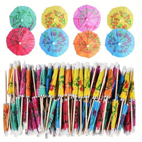 100-Pack Wood Cocktail Picks with Assorted Tropical Colors Umbrella Design - Ideal for Summer Parties & Hawaiian Themed Events
