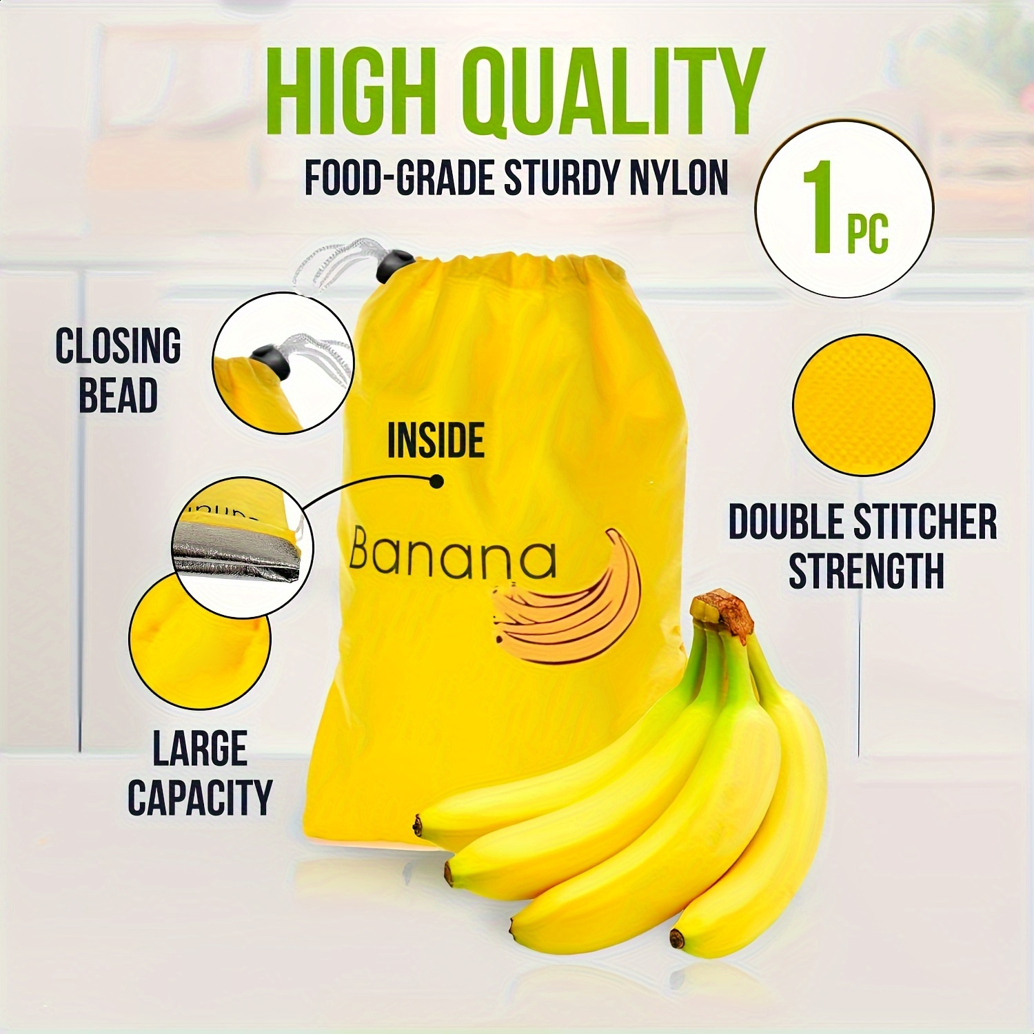 Large Capacity Food-Grade Nylon Banana Storage Bag with Aluminum Bead Closure And Double Stitching - Keeps Bananas Fresh for Up to 7 Days,Reusable Produce Bags,Reusable Produce Bag