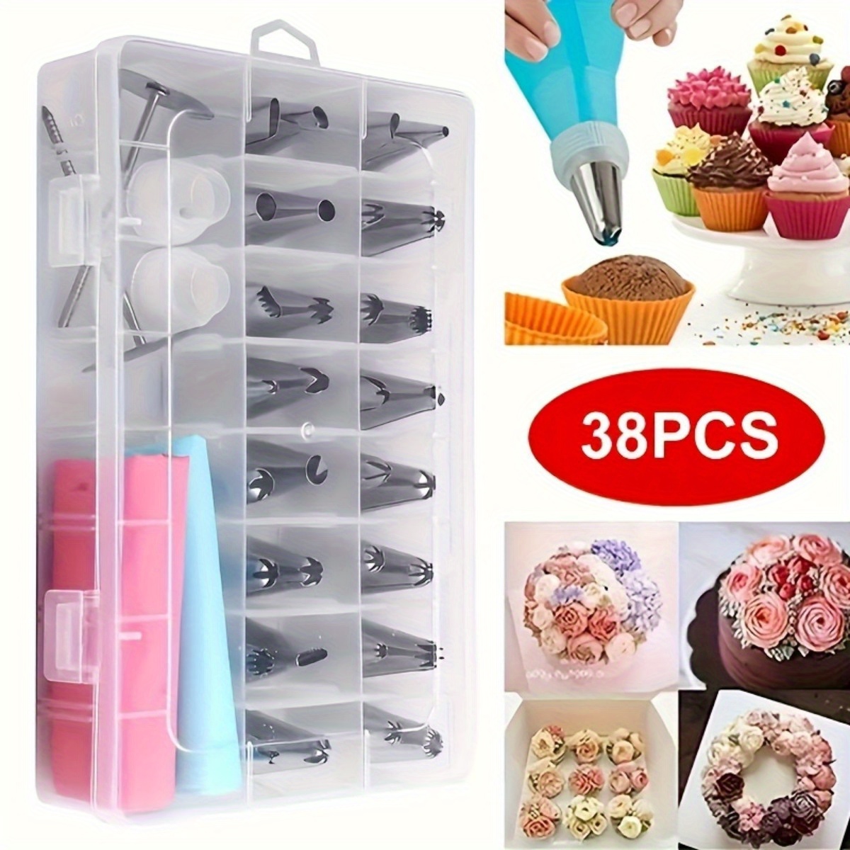 

38pcs Stainless Steel Icing & Piping Tips Set With Storage Box - Includes 32 Icing Nozzles, 2 Converters, 2 Flower Nails, 2 Piping Bags For Cake Decorating, Cupcake, Baking Tools And Kitchen Gadgets