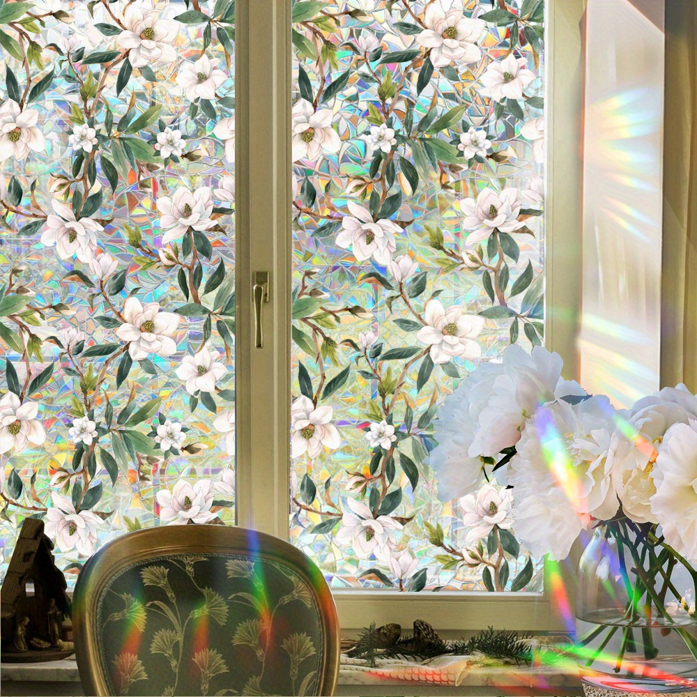 

Reusable Prismatic Window Film With Double-sided Floral & Bird Design - No Adhesive, Static Cling, Anti-collision Rainbow Sun Catcher For Home And Office Decor