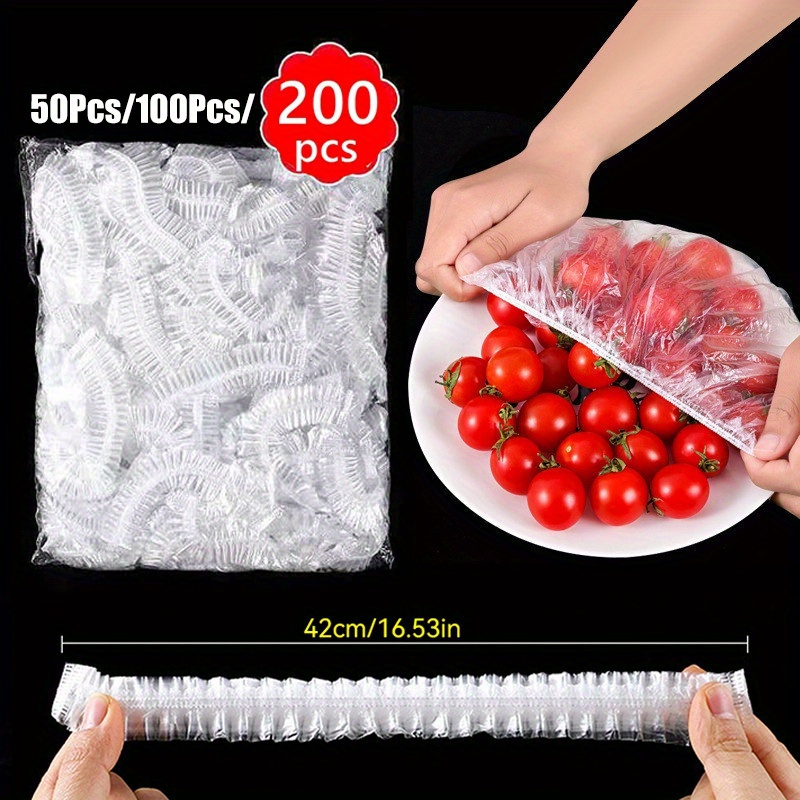 

100pcs Disposable Food Cover Plastic Wrap With Bands - Fruits, Bowls, And Cups - Keeping Saver Bag