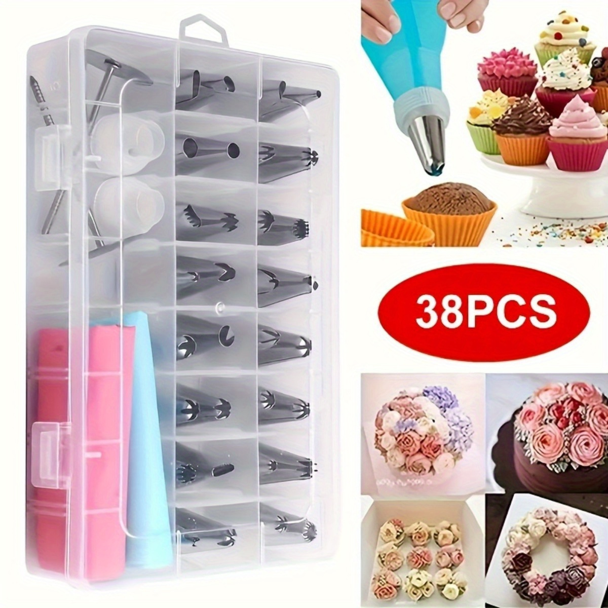 

38pcs Stainless Steel Icing & Piping Tips Set With Storage Box, 32 Nozzles, 2 Converters, 2 Flower Nails, 2 Pastry Bags For Cake Decorating, Cupcake, Baking Tools, Kitchen Accessories