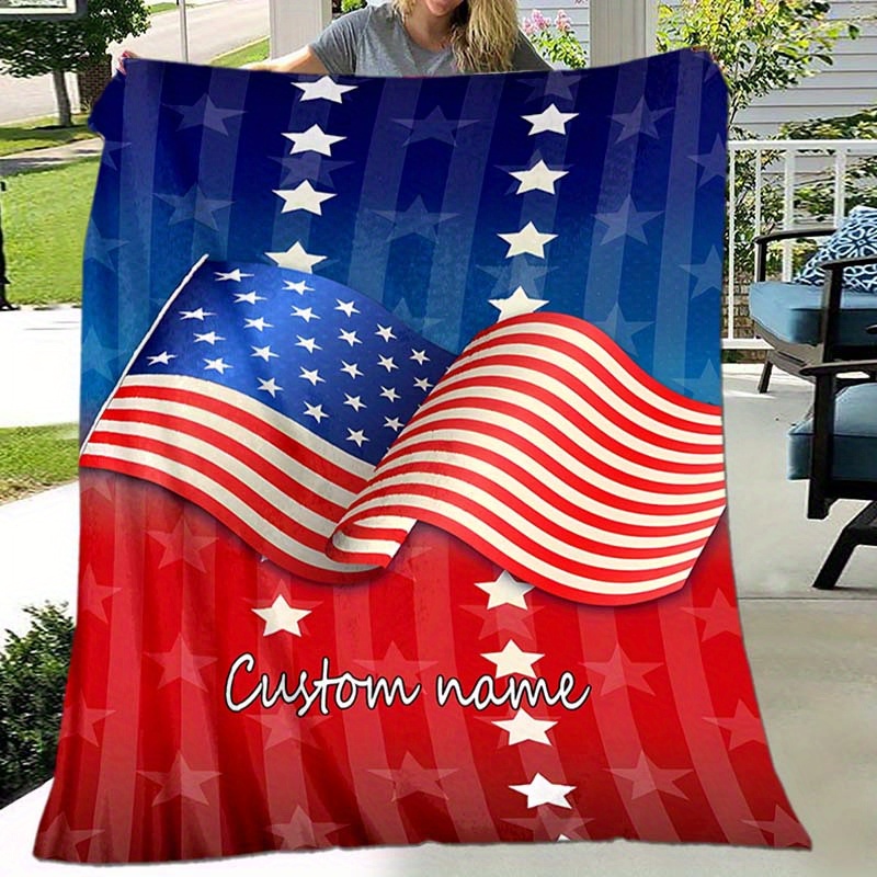 

1pc Custom Your Name Blanket, Personalized Usa Flag Pattern Text Blanket, Outdoor Travel Leisure 4 Seasons Nap Blanket, For Anniversary Gift