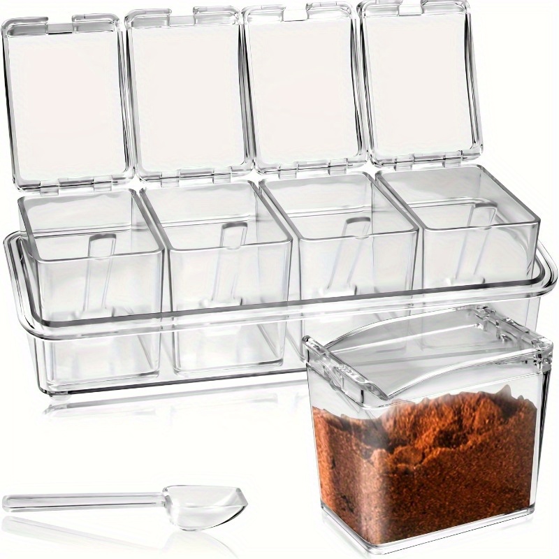 

4-compartment Acrylic Spice Organizer With Lid & Scoop - Clear Seasoning Storage Box For Kitchen, Restaurant Use Spices Organizer Rack Spices Containers Set
