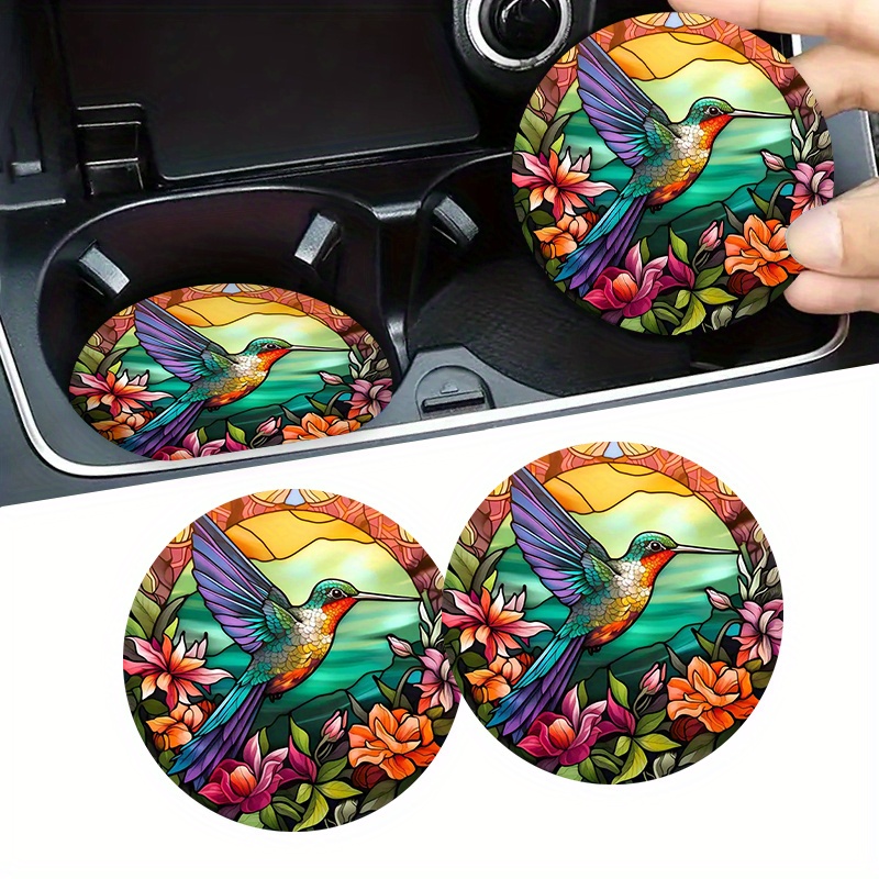 

2pcs Hummingbird Pattern Car Coasters, 2.75-inch Car Non-slip Drink Cup Mat, To Your Car Cup Holders Leather Coaster, Car Interior Accessories Mat For Women Men, Party Gifts