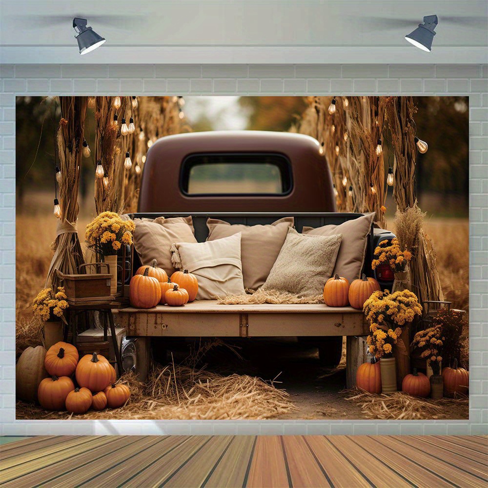 

1pc, Fall Photography Backdrop, Vinyl, Outdoor Pumpkin Haystack Pickup Backdrop, Birthday Cake Party Banner, Thanksgiving Party Supplies Farm Harvest Portrait Photo Booth Props