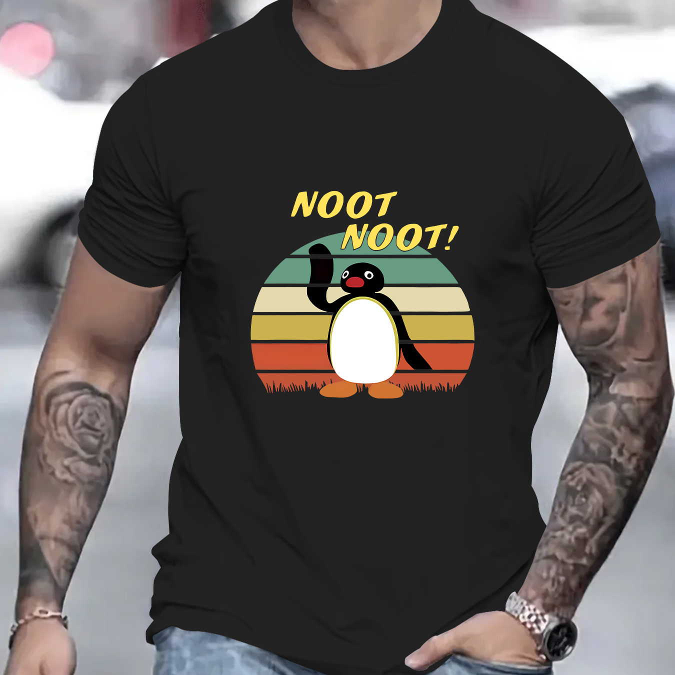 

Penguin Print, Men's Round Crew Neck Short Sleeve, Simple Style Tee Fashion Regular Fit T-shirt, Casual Comfy Breathable Top For Spring Summer Holiday Leisure Vacation Men's Clothing As Gift