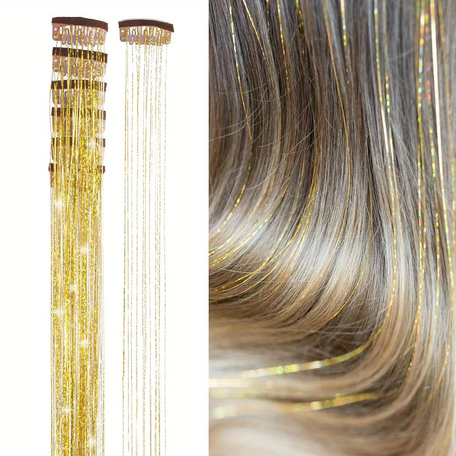 TEMU Unisex Clip-in Hair Tinsel Extensions, 6-pack Glitter Strands, Suitable For All, Party & Highlight Accessories