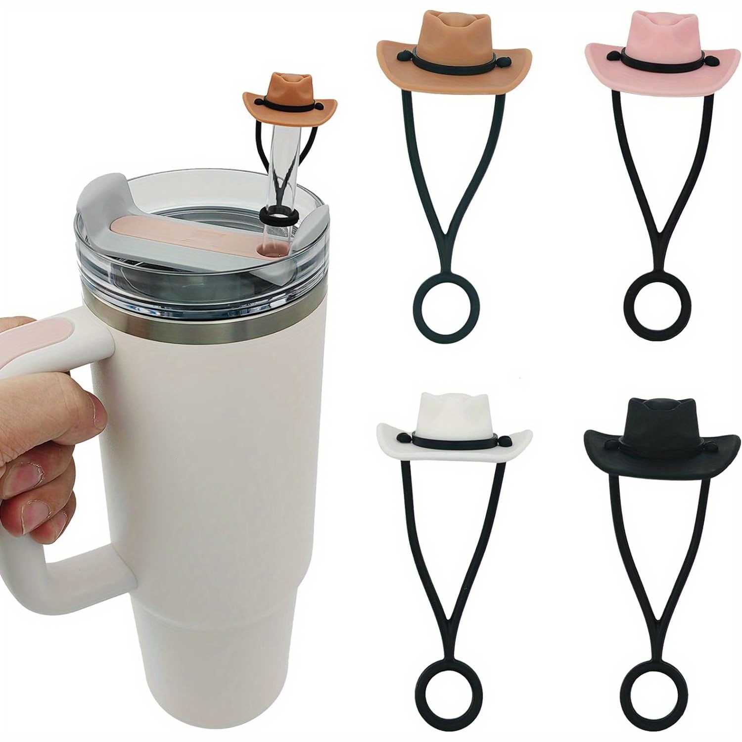 

4 Pack Silicone Reusable Straw Covers With Cowboy Hat Design, Compatible With Stanley 30 40 Oz Tumblers, Fun Tumbler Straw Topper Accessories For Men & Women Gifts