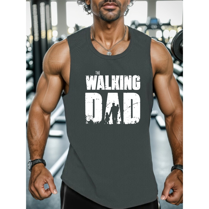 

Walking Dad Print Summer Men's Quick Dry Moisture-wicking Breathable Tank Tops, Athletic Gym Bodybuilding Sports Sleeveless Shirts, For Running Training, Men's Clothing