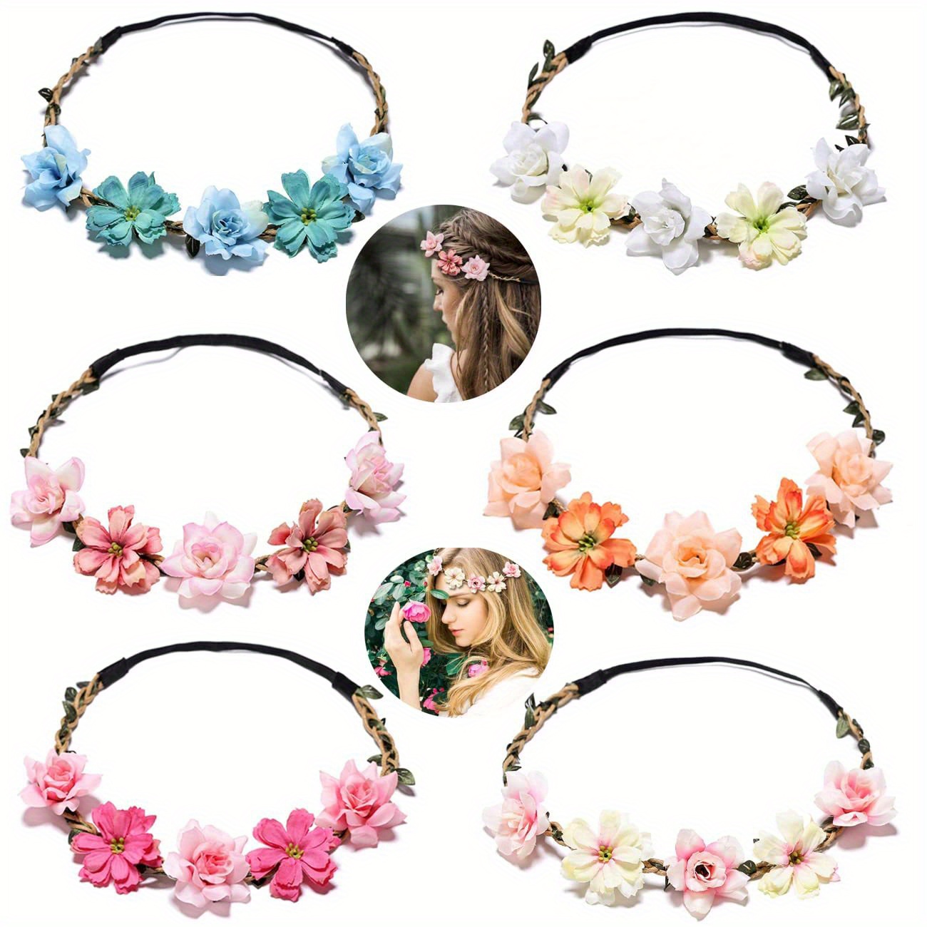 

6 Pcs Cotton Blend Non-woven Flower Crown Headbands For Women - Bohemian Floral Hair Wreaths Tiaras - Wedding Bridal Bridesmaid Headdress Hair Accessories