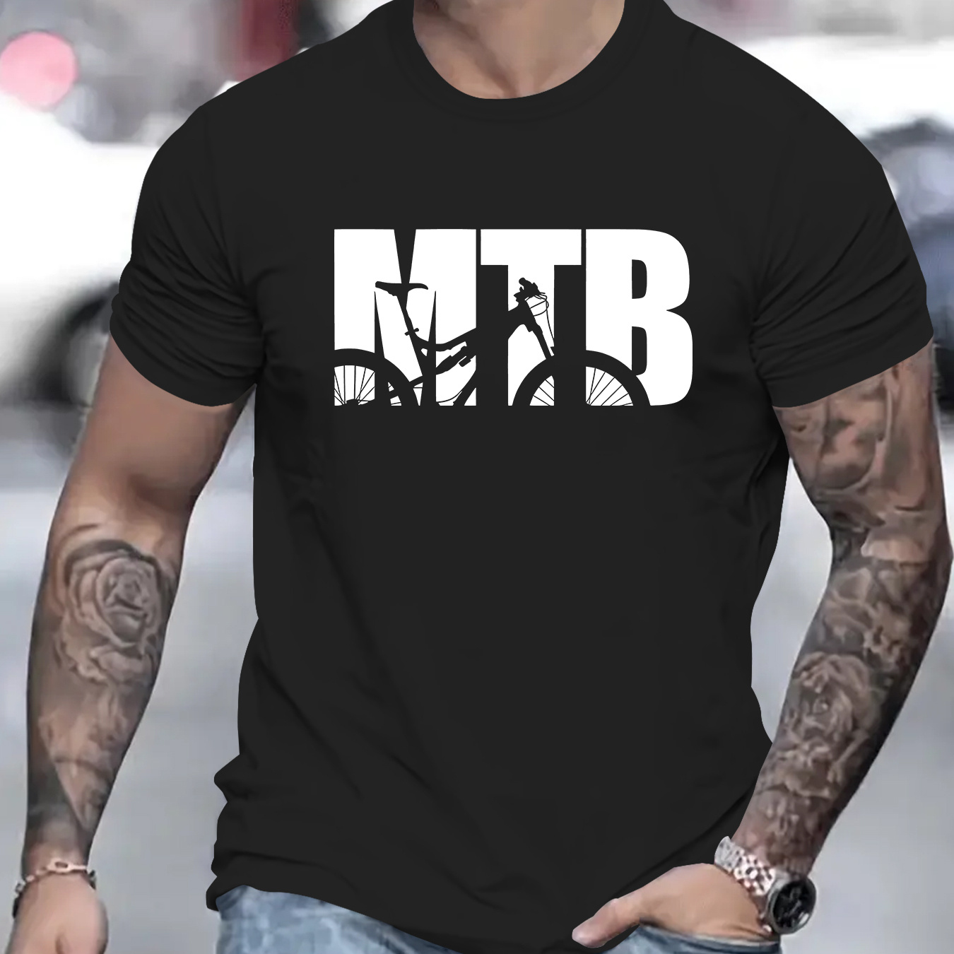 

Mtb Print, Men's Round Crew Neck Short Sleeve, Simple Style Tee Fashion Regular Fit T-shirt, Casual Comfy Breathable Top For Spring Summer Holiday Leisure Vacation Men's Clothing As Gift