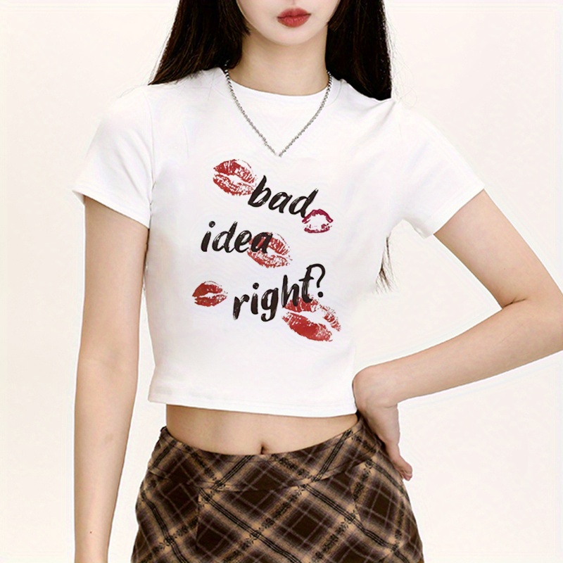 

Bad Idea Right Print Crew Neck T-shirt, Casual Short Sleeve Top For Spring & Summer, Women's Clothing