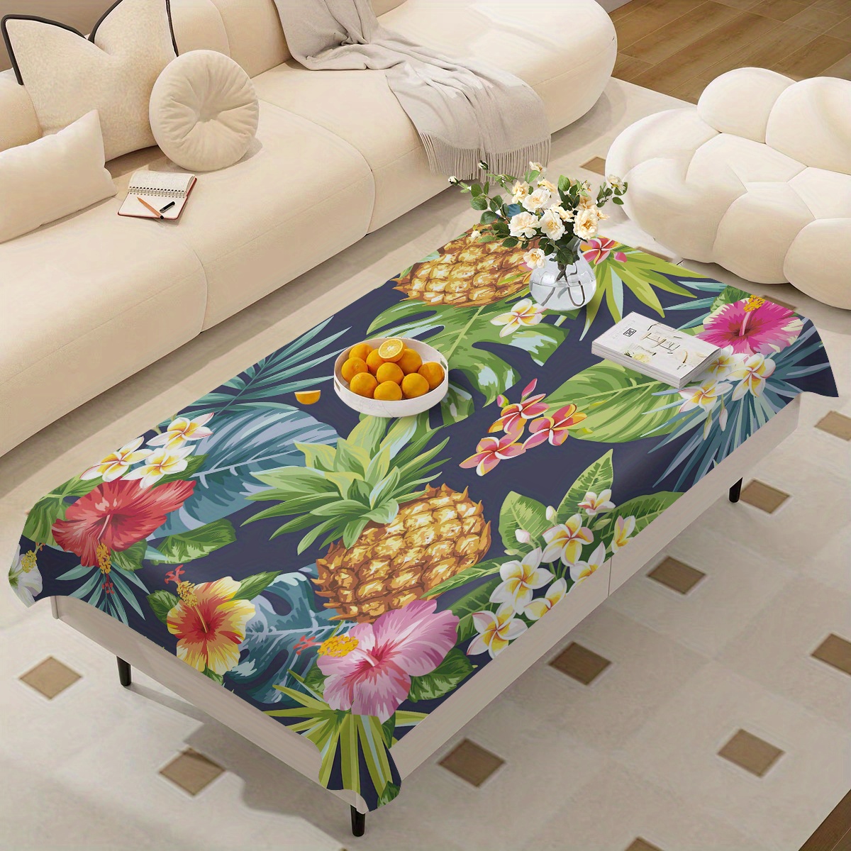 

Tropical Pineapple Print Tablecloth - Mixed Color Polyester Machine Made Table Cover For Indoor/outdoor Party Decorations - Dustproof Kitchen Table Pad For Summer Parties