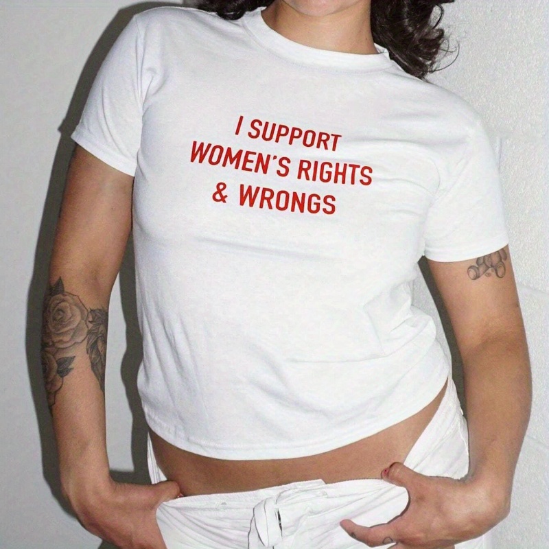 

Women's Rights & Wrongs Print Crop T-shirt, Casual Crew Neck Short Sleeve Top For Spring & Summer, Women's Clothing