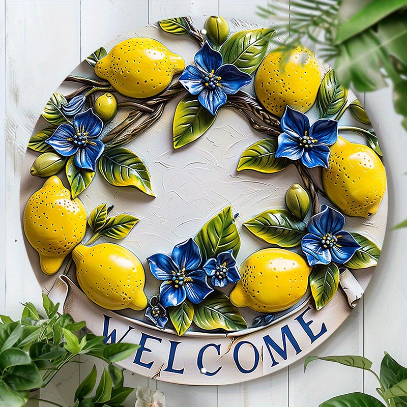 

Welcome Lemon Wreath Aluminum Metal Sign, 8x8 Inch Round Vintage Wall Decor For Home And Garden