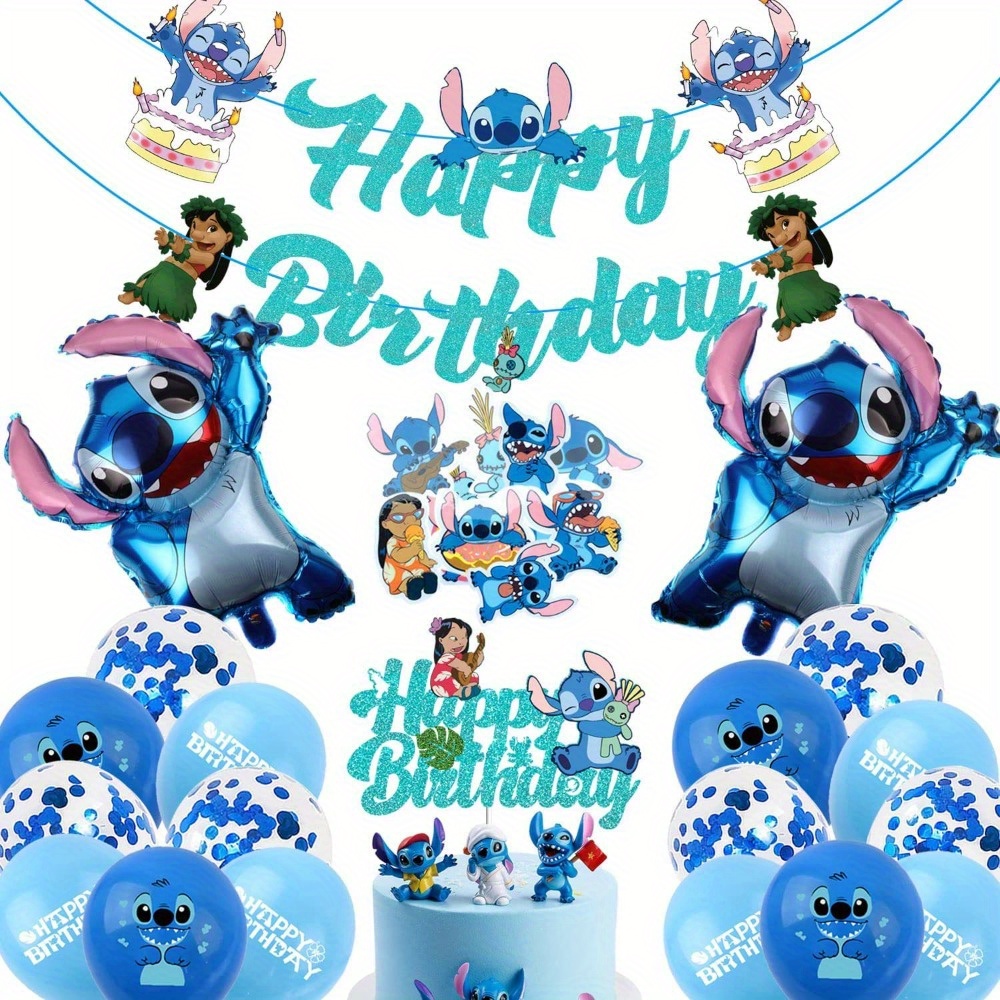 

festive" Disney Stitch & Themed Birthday Party Kit - Blue Balloons, Cake Toppers, And Banner Set For Youngsters' Celebrations