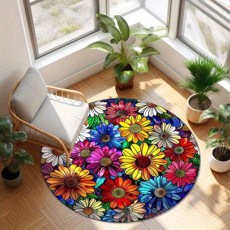 

Vibrant Daisy Round Area Rug - Non-slip, Machine Washable Polyester Carpet For Bedroom, Living Room, Or Office Decor