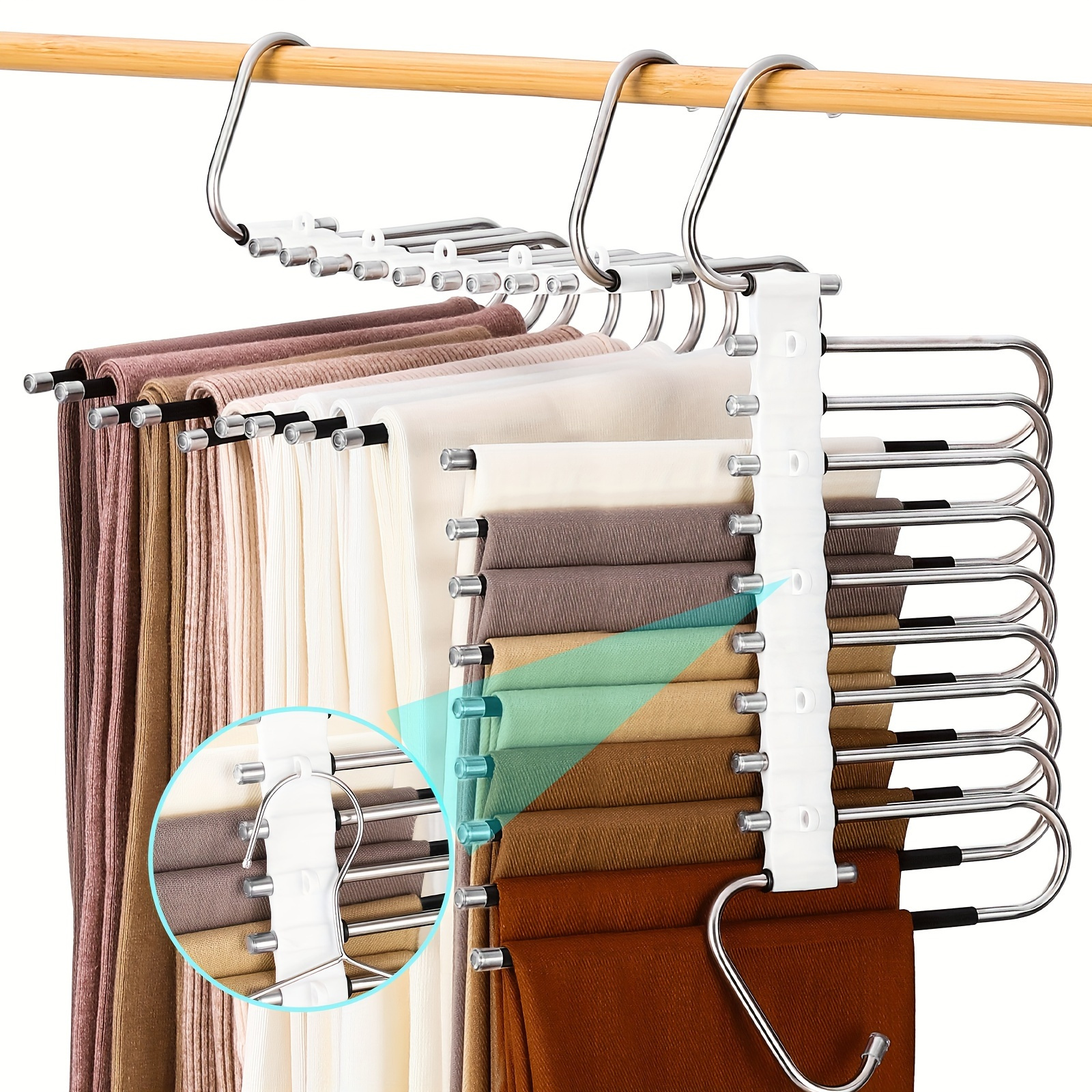 

9-tier Metal Pants Hangers With Non-slip Coating, S-type Space-saving Closet Organizer With 5 Extra Hooks For Jeans, Leggings, Trousers - 80% Space Saving Storage Solution For Home And Stores