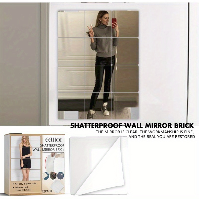 

12-piece Self-adhesive Mirror Tiles Set - Frameless, Polished Finish For Full Body Reflection - Perfect For Home & Dorm Decor Mirror Wall Decor Wall Mirror Decor