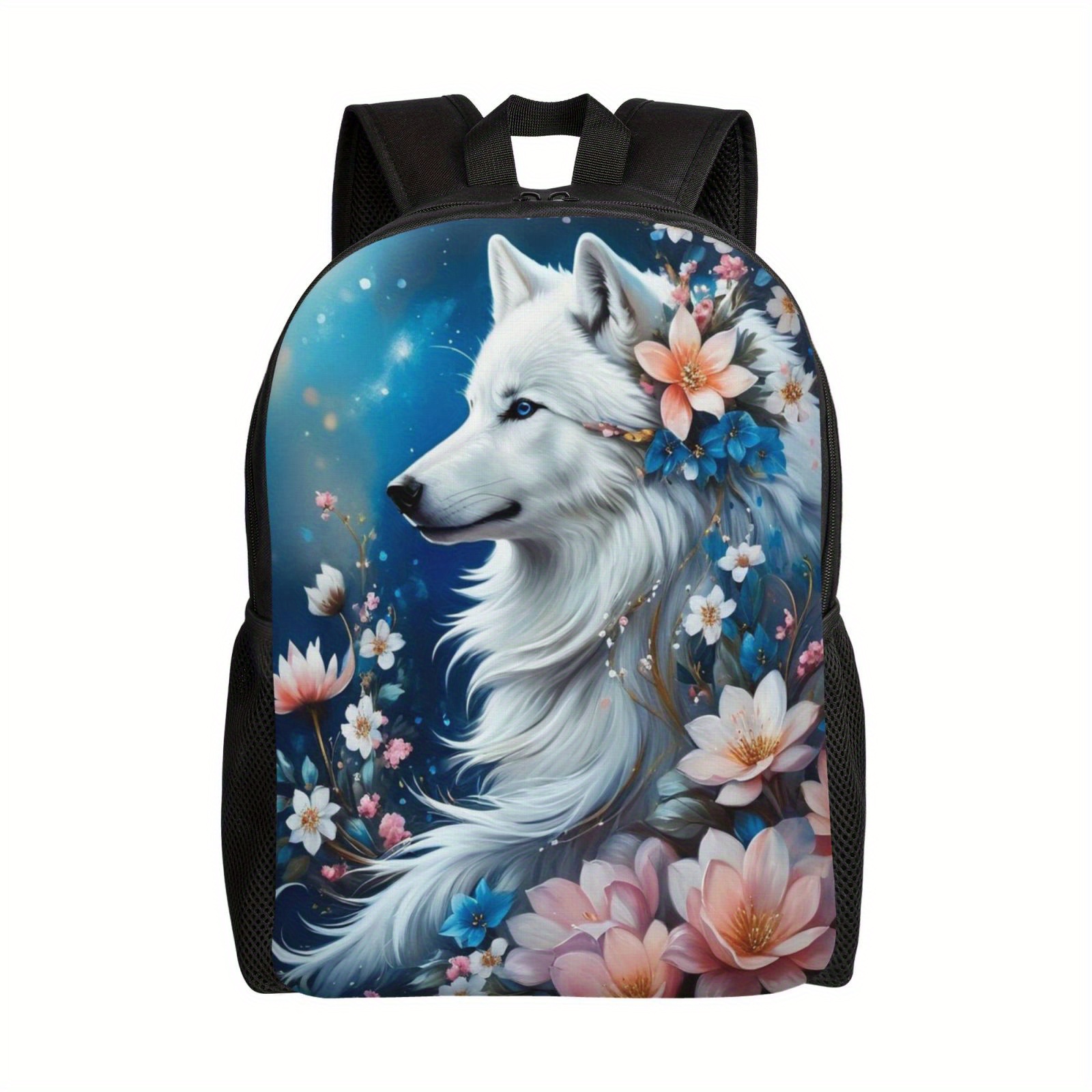 

White Wolf Print Cool Lightweight Backpack With Side Pocket For Bottle, Casual Schoolbag For Young Man's & Women's Commute & Library & Outdoor Activities