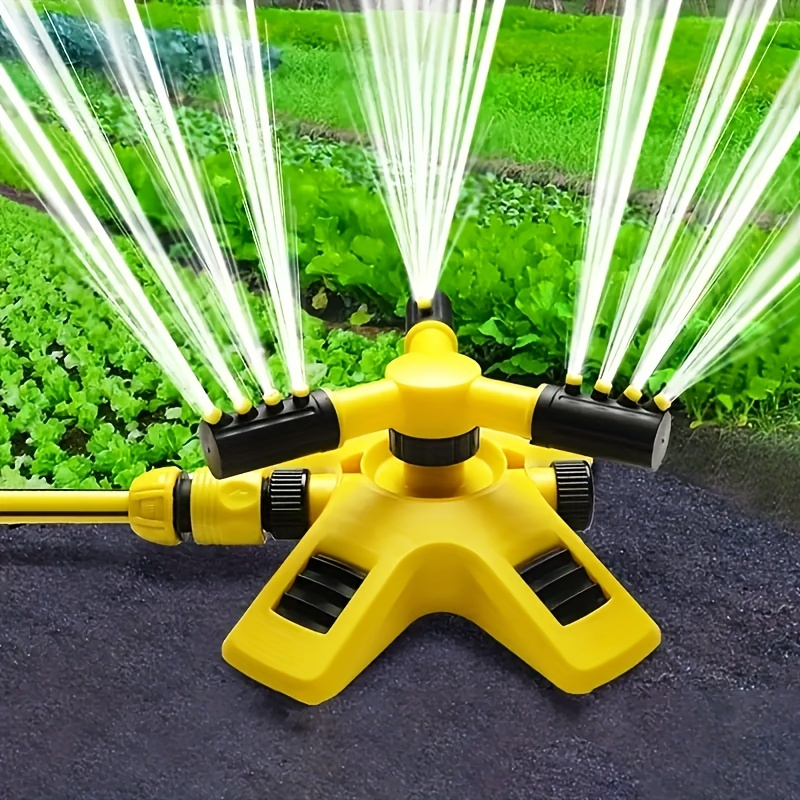 

360° Rotating Lawn Sprinkler With 3 Adjustable Arms, Tow-behind-style Automatic Irrigation System, Plastic Sprayers With Multiple Components For Garden And Roof Cooling - Yellow