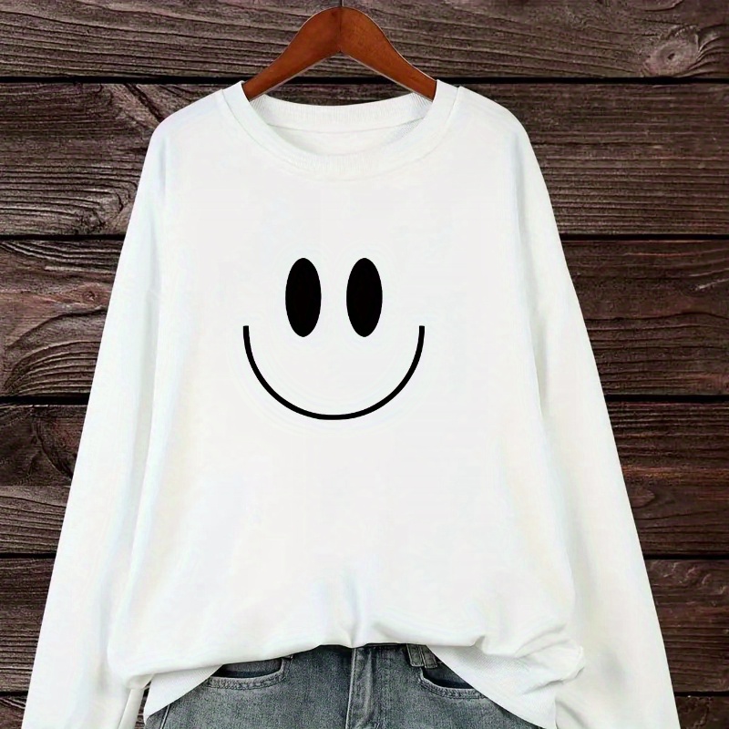 

Smiling Face Print Sweatshirt, Long Sleeve Crew Neck Casual Sweatshirt For Fall & Spring, Women's Clothing