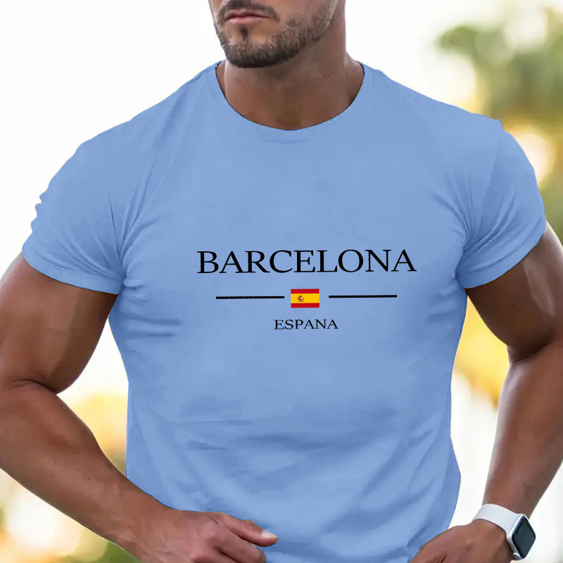 

Barcelona Letter Print Men's Crew Neck Short Sleeve Tees, Summer Trendy T-shirt, Casual Versatile Comfy Breathable Top For Daily Outdoor Street Wear