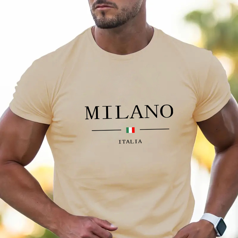 

Milano Letter Print Men's Crew Neck Short Sleeve Tees, Summer Trendy T-shirt, Casual Versatile Comfy Breathable Top For Daily Outdoor Street Wear