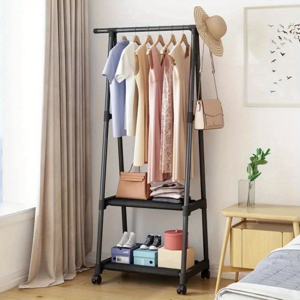 

multi-functional" Easy-assemble Multi-layer Rolling Coat Rack With Pulley - Sturdy Metal, Space-saving Design For Bedroom & Living Room Storage