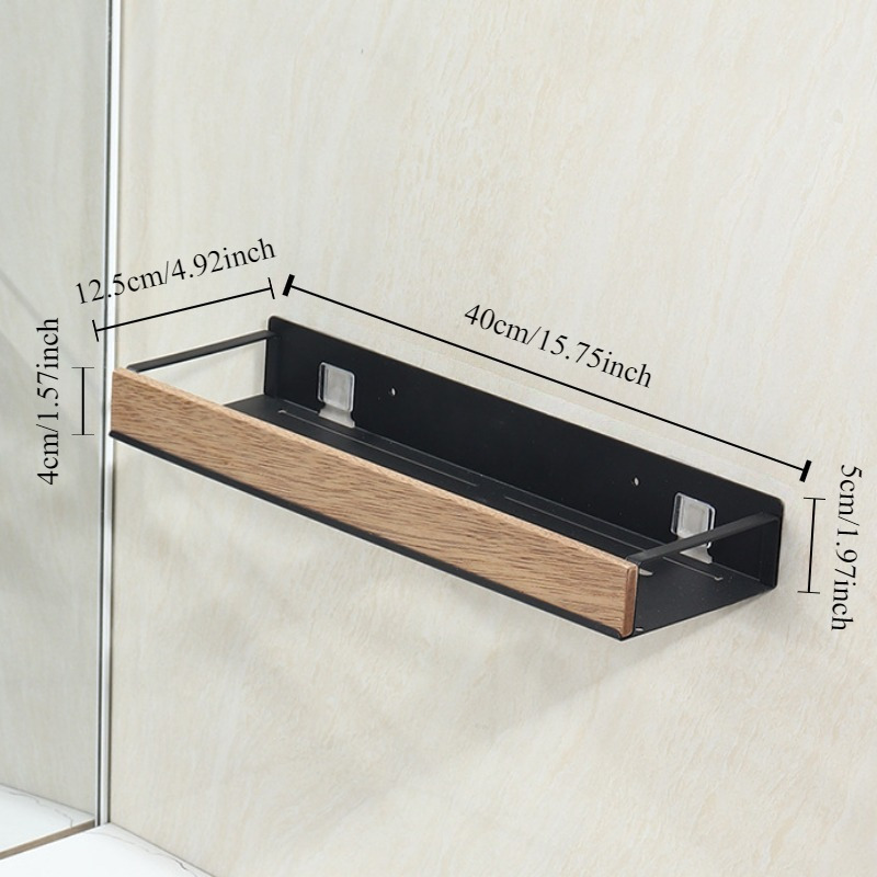 1pc Wall-mounted Bathroom Storage Shelf With Walnut Wood Partition - No Drill Installation, Stainless Shower Shelf Suitable For Bath, No /brackets, Space- (compatible For 50cm/40cm)