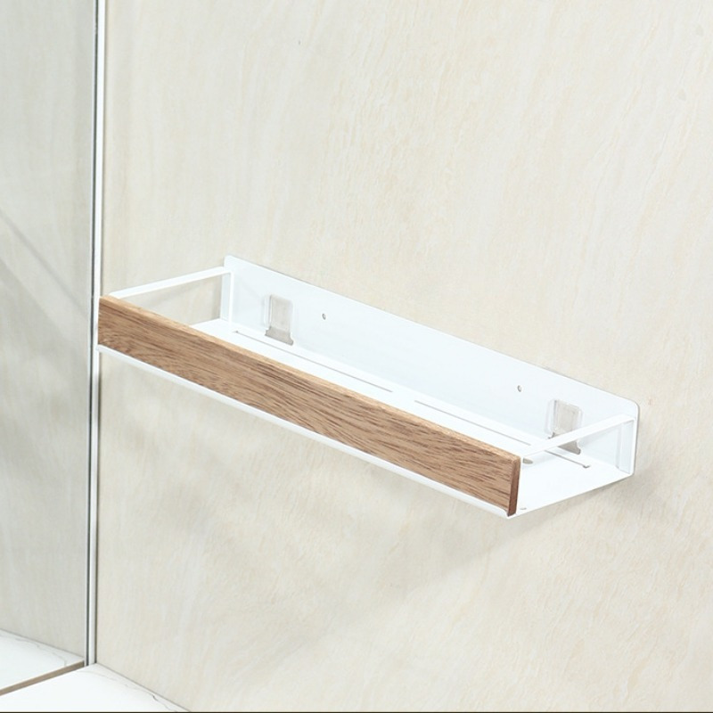 1pc Wall-mounted Bathroom Storage Shelf With Walnut Wood Partition - No Drill Installation, Stainless Shower Shelf Suitable For Bath, No /brackets, Space- (compatible For 50cm/40cm)