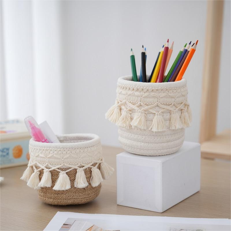 

Boho-chic Cotton Rope Tassel Basket - Vintage Nordic Style Desk Organizer For Home & Office