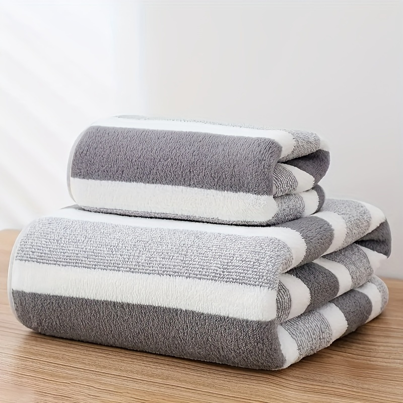 

2pcs Quick Drying Absorbent Towel Set - Striped Pattern, Soft Hand & Bath Towels, Lightweight, Unscented, For Normal And Relaxed-textured Hair, Polyester Knit Fabric, Bathroom Accessories