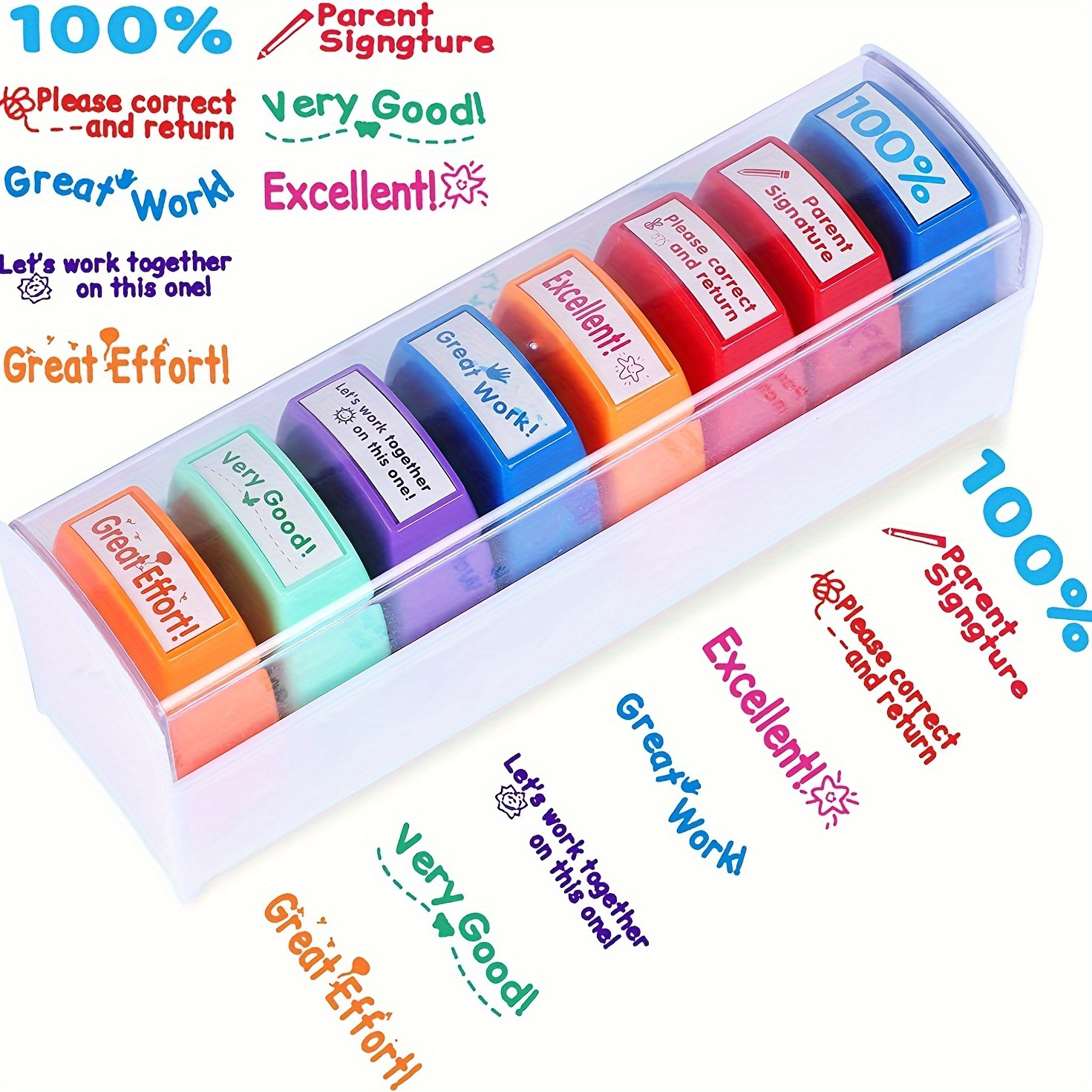 

1 Box Of 8 Motivational Teacher Stamps - Self-inking, Quick-dry, - Perfect For Classroom Grading & Encouragement